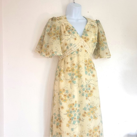 ACT I NEW YORK VTG 70s Pale Yellow Boho Floral Flutter Sleeve Maxi Dress Sz 7 S - Picture 4 of 14